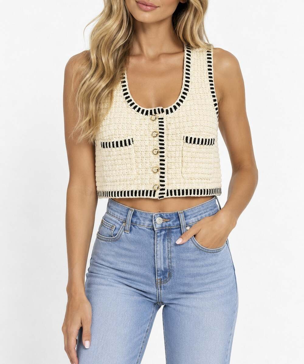 ba&sh Gustave Ecru Crochet Knit Cropped Sweater Vest Gold Buttons NWT 0 XS